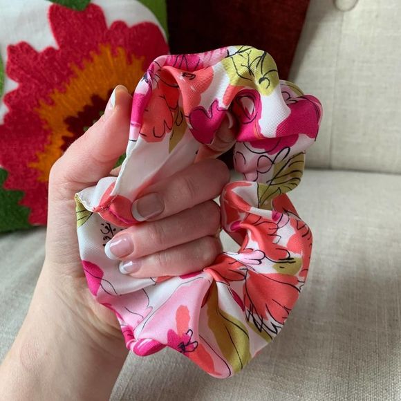 kind you find Accessories - Upcycled 100% Silk Scrunchie Medium Sized 7 Inch Hot Pink Floral